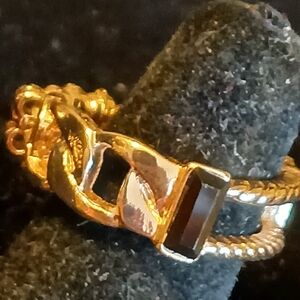 Paparazzi Goldtone Stretch Ring With Chain Detail And Delicate Black Stone